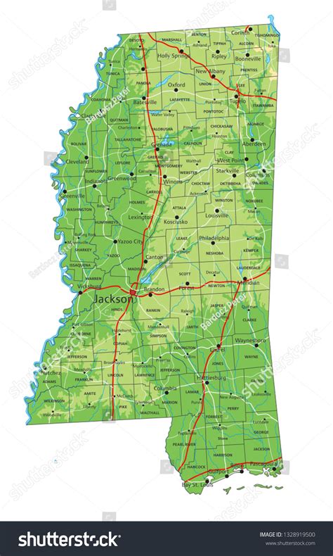 High Detailed Mississippi Physical Map Labeling Stock Vector Royalty