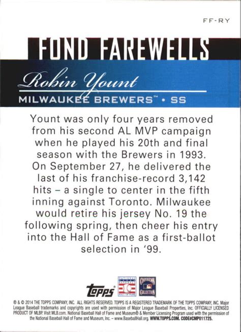 Brewers Topps Update Fond Farewells Ffry Robin Yount Ebay