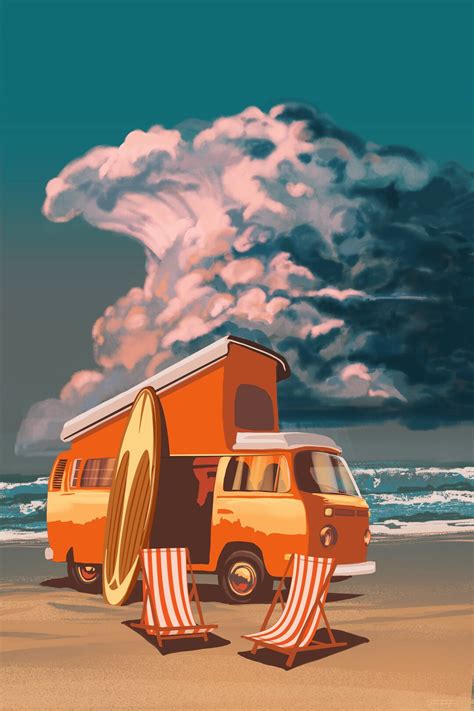 Retro Camping Westfalia Vw Beachside Camping And Surfing Poster