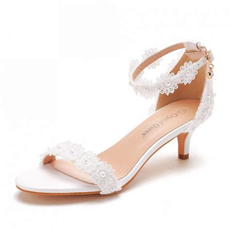 Charming White Pearl Lace Flower Wedding Shoes 2022 5 Cm Stiletto Heels Open Peep Toe Wedding