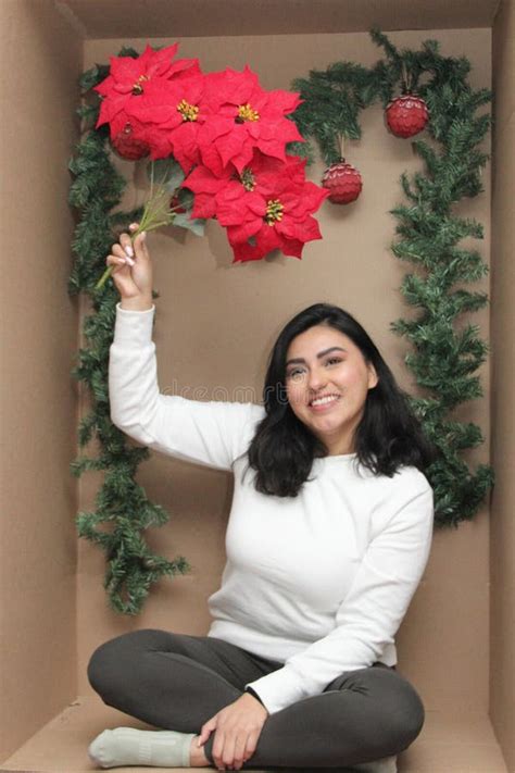 Year Old Latina Woman Inside A Cardboard Box Decorated As A Gift To Celebrate Christmas And