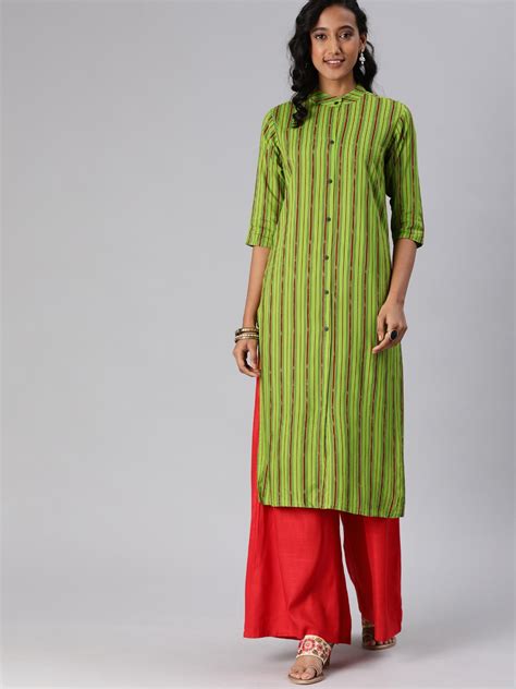 Buy Mimosa Women Lime Green And Maroon Striped Straight Kurta Kurtas