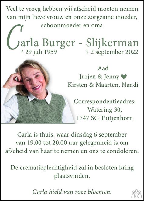 Carla Burger Slijkerman Overlijdensbericht En Condoleances