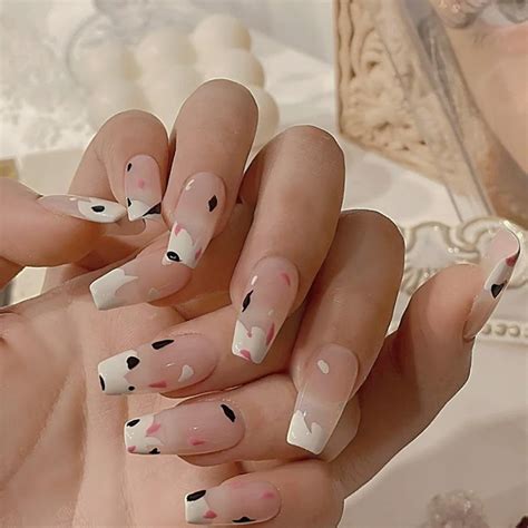 24Pcs Middle Length Ballerina Nude Pink Color False Nails Design With Heart Pattern DIY