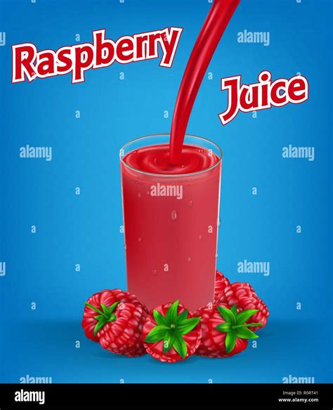Raspberry Juice Ad With Splash Isolated On Blue Background Glass