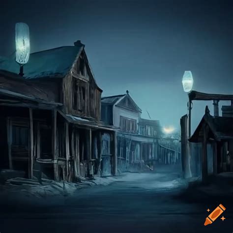 Old western town with a ghost floating down the street at night on Craiyon