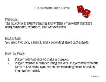 Place Value Dice Game by Cristhal Gutierrez | Teachers Pay Teachers