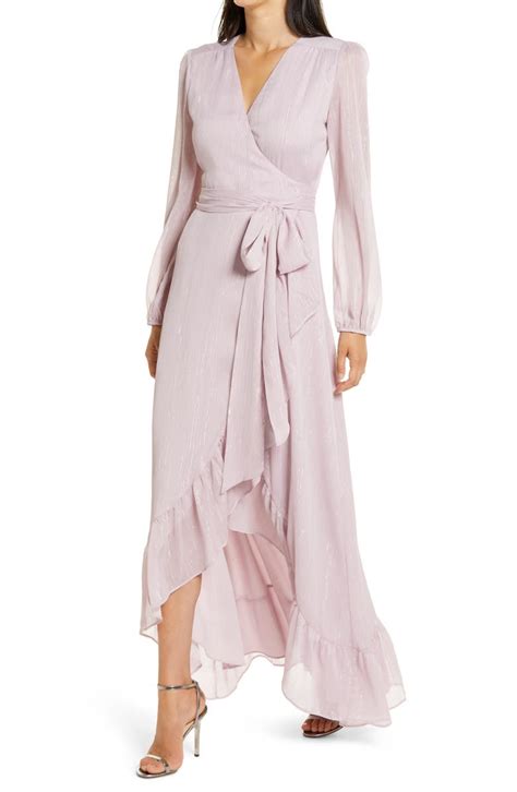 Wayf The Meryl Long Sleeve Metallic Chiffon Wrap Gown Nordstrom