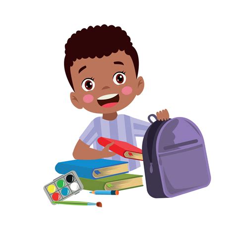 niño lindo feliz preparar la bolsa para la escuela 15632415 Vector en