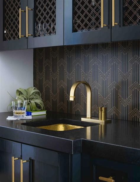 Black Wet Bar Designed With A Gold And Black Backsplash Black Quartz