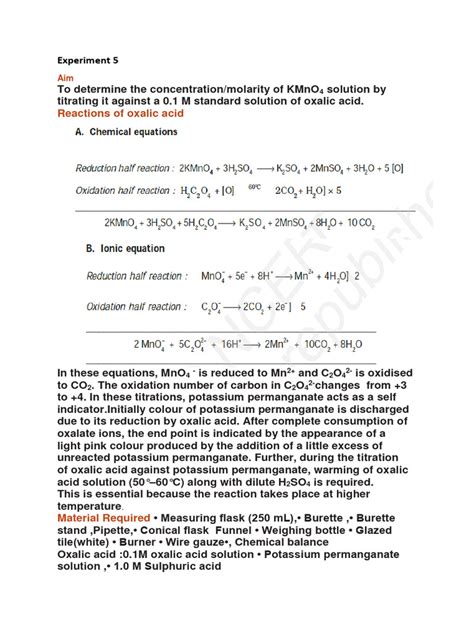 Experiment 10 Titration Of Oxalic Acid With Kmno4 Pdf