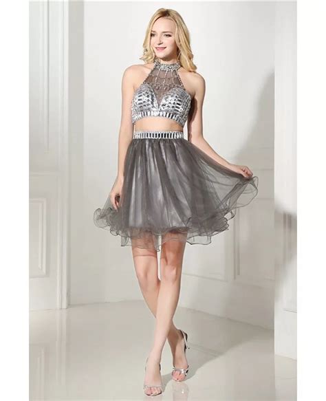 Two Piece Short Halter Prom Dress Grey With Crystal Top H76129