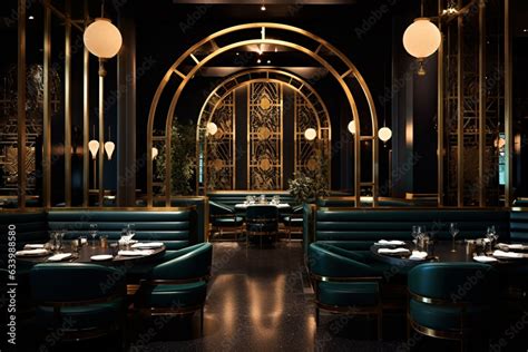 Design an opulent, art deco-inspired restaurant, showcasing brass ...