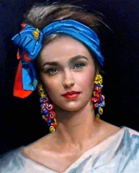 A Painting Of A Woman Wearing Earrings And A Blue Headband With An