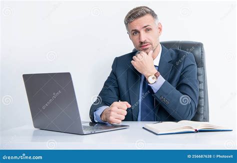 Mature Office Worker With Laptop At The Table Stock Photo Image Of