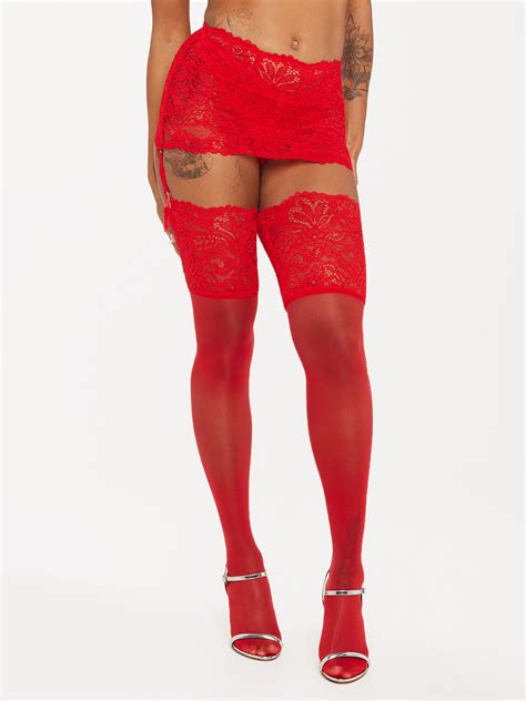 Romantic Corded Lace Thigh High Stockings In Red Savage X Fenty Uk