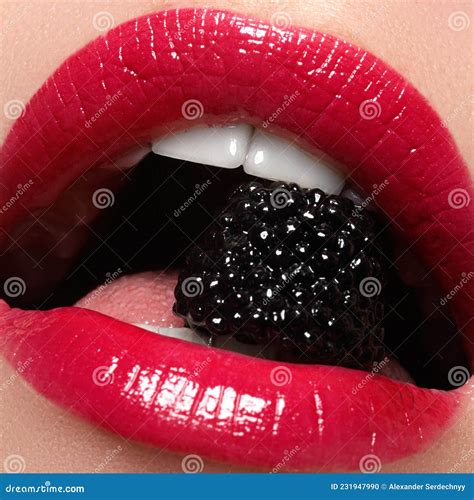 Close Up Of Woman S Lips With Bright Fashion Red Glossy Makeup Macro