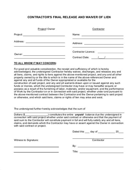 Free Sample Lien Waiver Forms In Pdf Ms Word