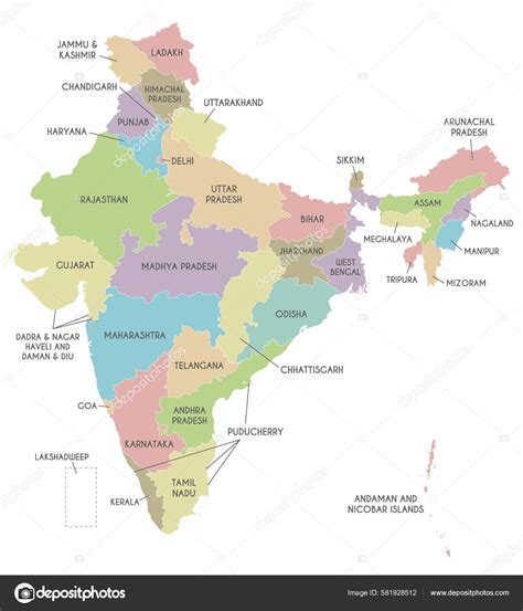 Colorful India Political Map Clearly Labeled Stock Vector