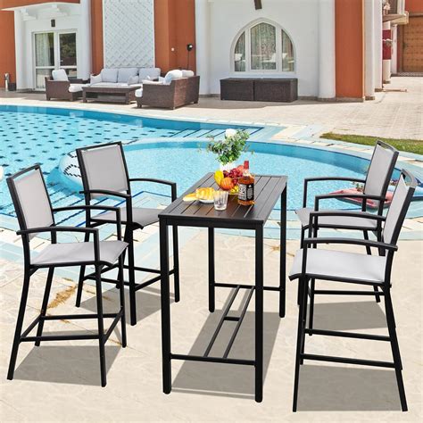 Vongrasig 5 Piece Patio High Bar Set All Weather Metal Textilene Patio Dining Set