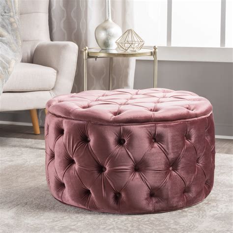 Zelfa Round Tufted Velvet Ottoman Velvet Ottoman Pink