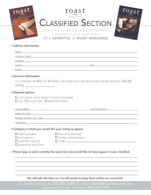 Fillable Online Classified Ads Form Indd Roast Magazine Fax Email