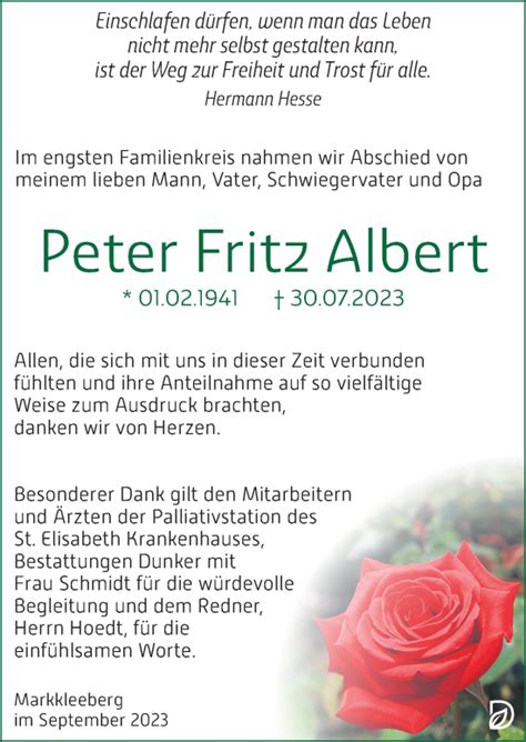 Traueranzeigen Von Peter Fritz Albert Trauer Anzeigen De