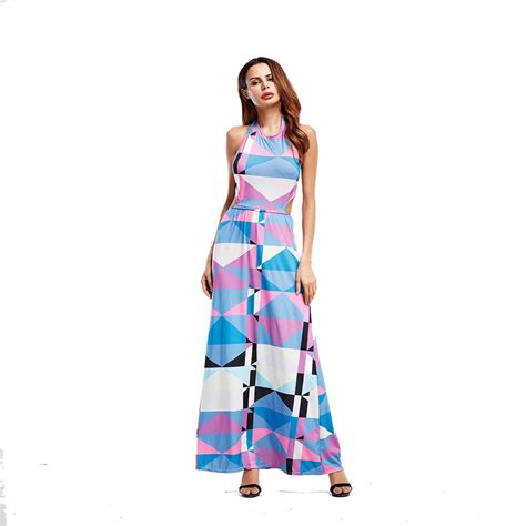 2019 Summer Sexy Casual Long Maxi Beach Dress Halter Sleeveless Hollow Out Backless Geometric