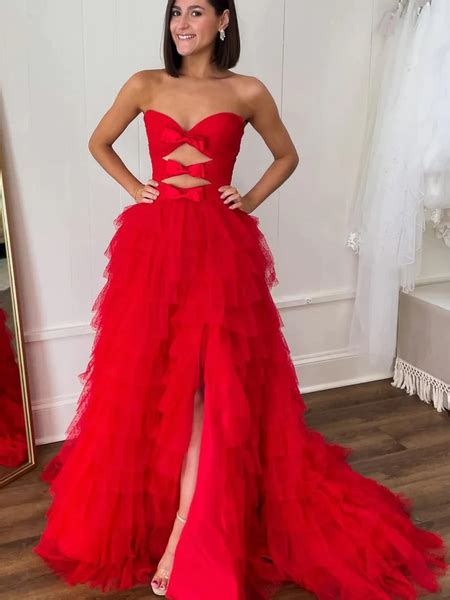 Strapless Red Ruffle Tulle Long Prom Dresses With Train Red Ruffle Tu