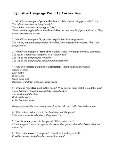 Figurative Language Worksheets 1 Answer Key