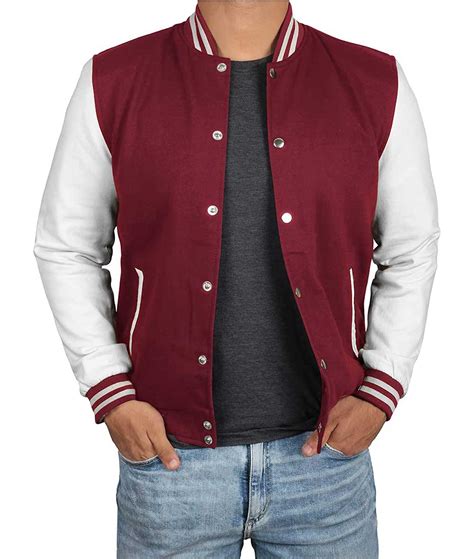 Mens Maroon Varsity Jacket With White Sleeves Baseball Style