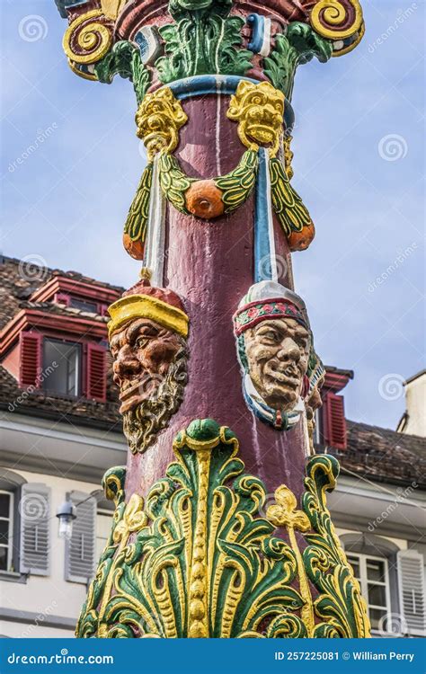 Heads Statues Fritschi Fountain Lucerne Switzerland Editorial Photo