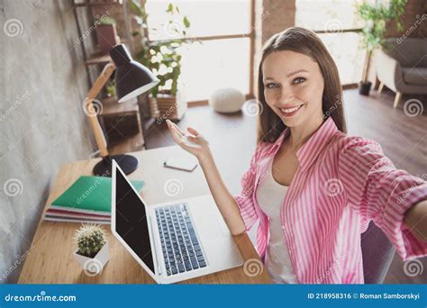 Photo Of Pretty Shiny Young Woman Dressed Striped Shirt Sitting Table