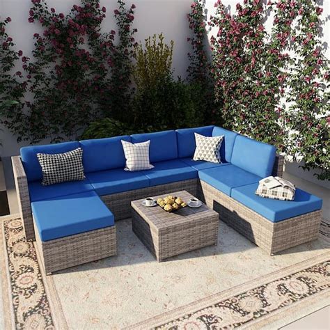 Uixe B Gray Wicker Outdoor Sectional Set With Blue Cushions