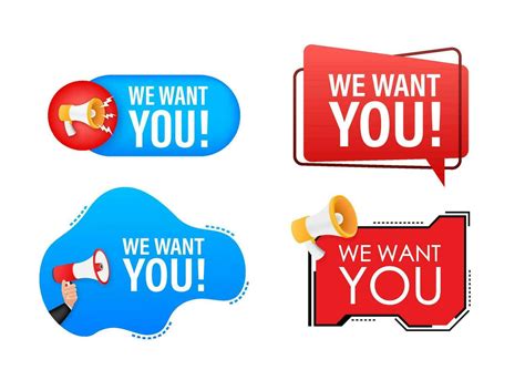 Megaphone Label Set With Text We Want You Megaphone In Hand Promotion Banner Marketing And