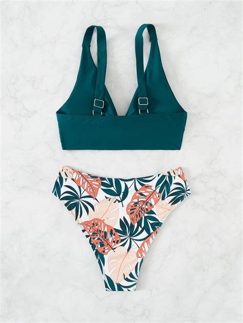 Random Tropical Print Bikini Set Twist Wireless Bra High Waist Bikini