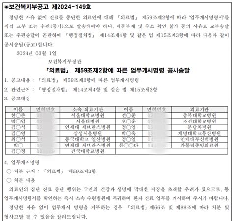 복지부 전공의 13명 업무개시명령 공고면허번호까지 공개 아시아경제