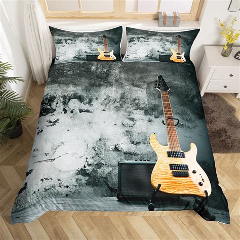 Yst Electric Guitar Duvet Cover Full Music Theme Bedding Set Grey