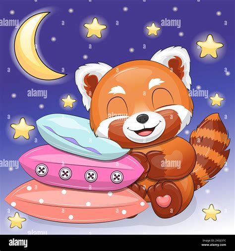 Cute Cartoon Red Panda Is Sleeping On The Pillows Night Vector