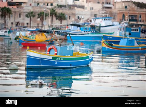 Colourful Traditional Luzzu Fishing Boats Marsaxlokk Harbour Malta