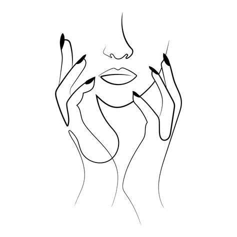 One Line Drawing Abstract Woman Face With Hands Vector Illustration