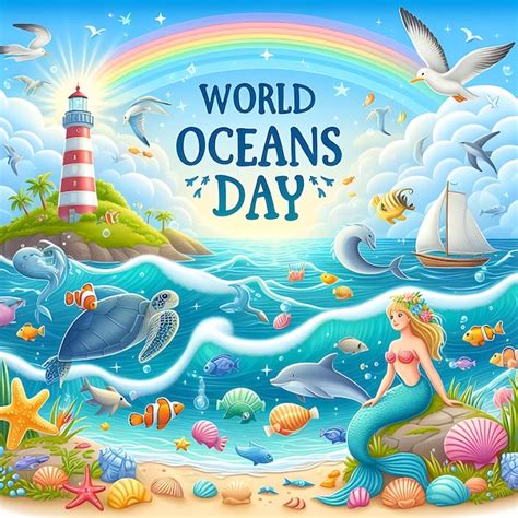 Un cartel para el día mundial de los océanos con una sirena y tortugas