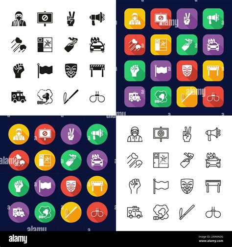 Demonstration Or Protest Icons All In One Icons Black And White Color Flat Design Thin Line Set