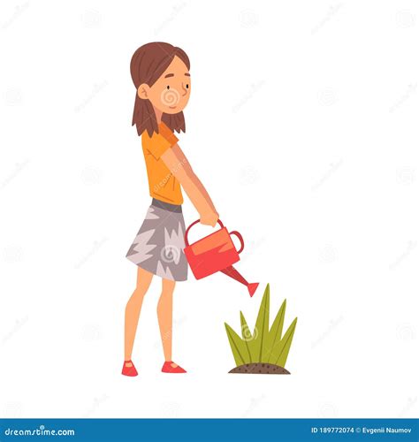 Cute Girl Watering Plants In The Garden With Watering Can Vector