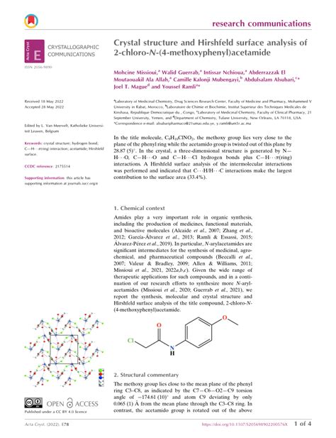 PDF Crystal Structure And Hirshfeld Surface Analysis Of 2 Chloro N