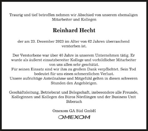 Traueranzeigen Von Reinhard Hecht Schwaebische De Trauerportal