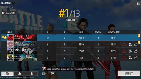 13kill With Booyah In Rank Match Free Fire Solo Vs Squad Lobby 😁😁😁