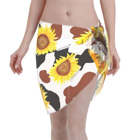 Disketp Cow Print Sunflower Women Swimsuit Cover Up Short Chiffon Summer Beach Sarong Bikini
