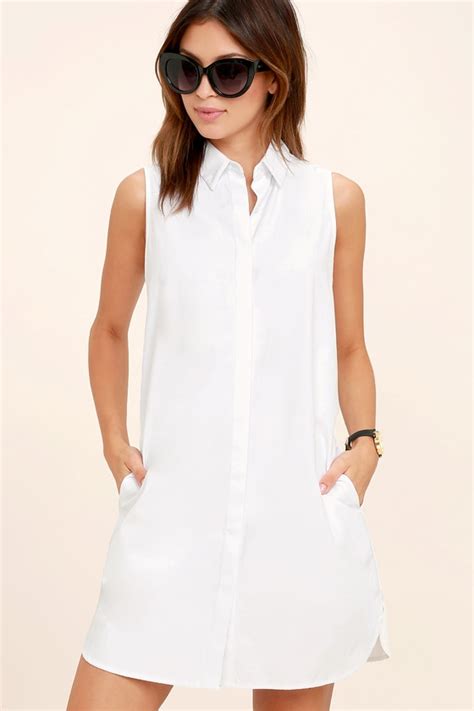 Chic White Dress Shirt Dress Button Up Dress White Collared Dress