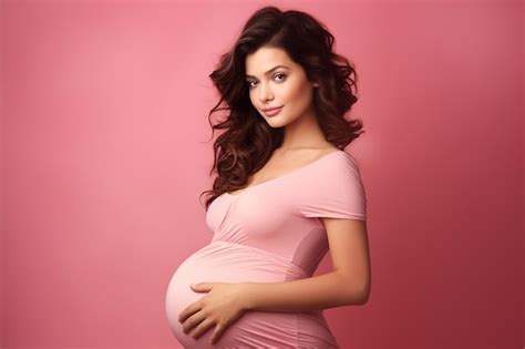 Premium Photo Portrait Of Beautiful Young Pregnant Woman Touching Belly Standing On Colour